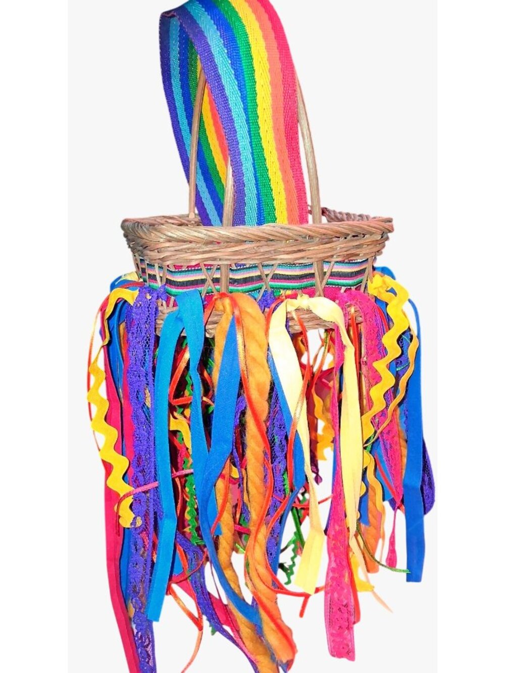 Flowergirl Woven Basket Rainbow Handle Multicolored Hanging Ribbons